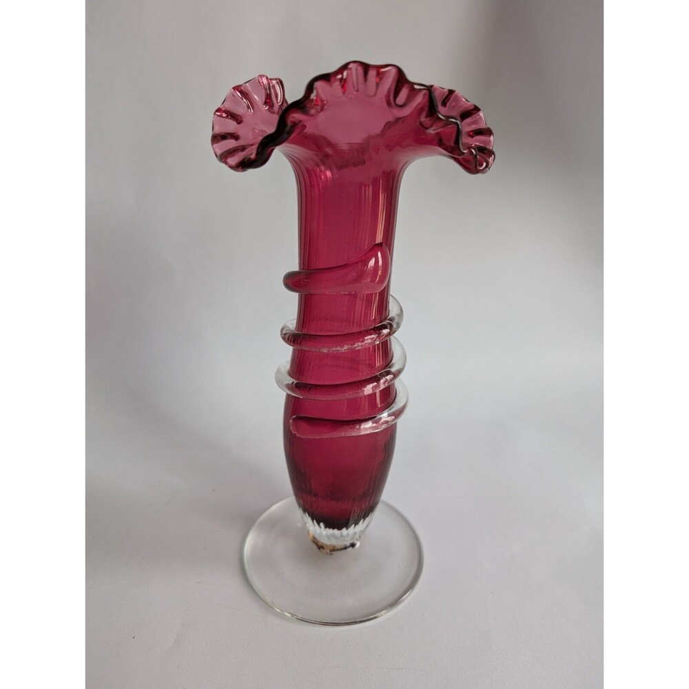 Cranberry Glass Vase Applied Rigaree Ruffled Edge Antique Ribbed